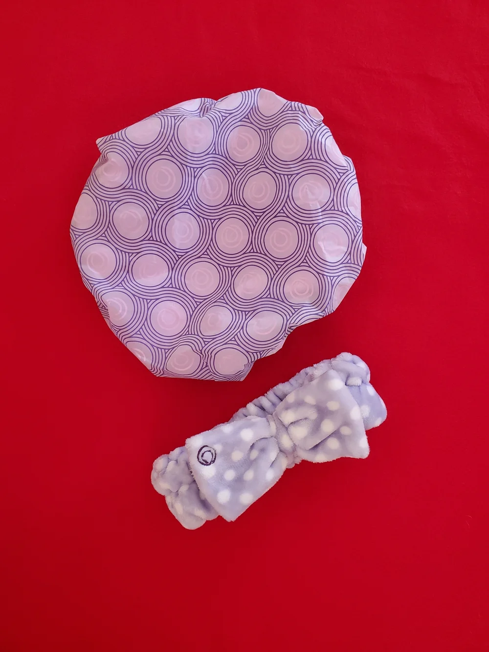 NEW Women's Purple & Pink Shower Cap & Headband Set - Soft Polka Dot Design